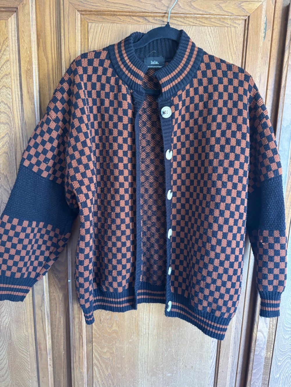 Dressed in LALA Orange and Brown Checkerboard Knit Cardigan - Picture 2 of 3